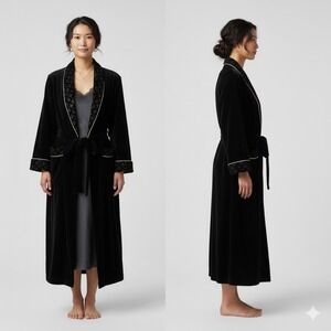 Jasmine Rose Signature Velvet Robe Large‎ Black Gold Trim Long Lounge Womens